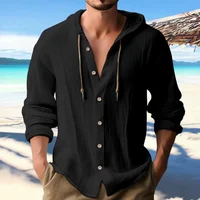 Chemise à capuche à manches longues en lin massif pour hommes, Streetwear décontracté, haut à boutons, coupe ample, Cardigan, vêtements pour hommes 4