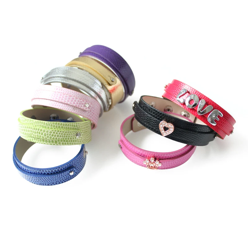

10PC/lot 18mm wide / 21cm length PU Leather Wristband Bracelet With 8MM Slide Bar Fit For 8mm slide letter charms