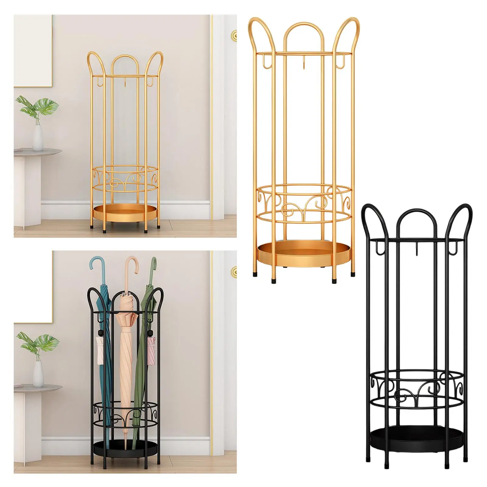 Round Umbrella Stand Rack Standing Umbrella Holder with Drip Tray and 3 Hooks 25x60cm Storage Decor for Bars Entry