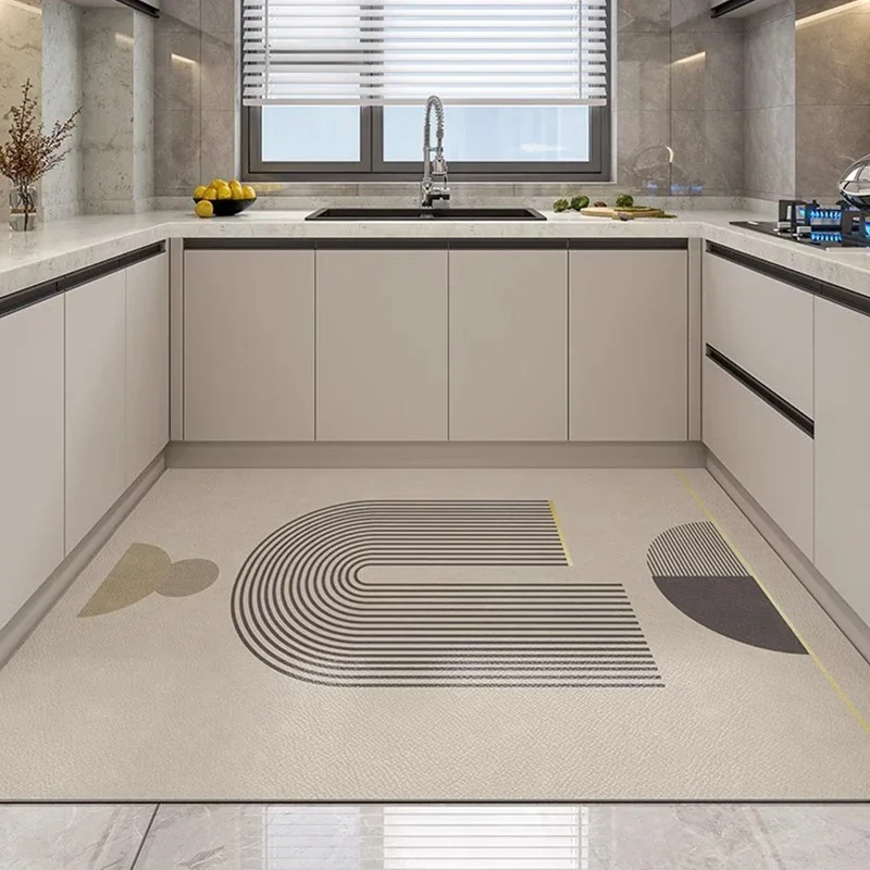 Kitchen Floor Mat Waterproof Oil-proof Anti-slip Rug large Size PVC Leather Carpet Minimalist Line Texture Foot Mats 주방바닥매트