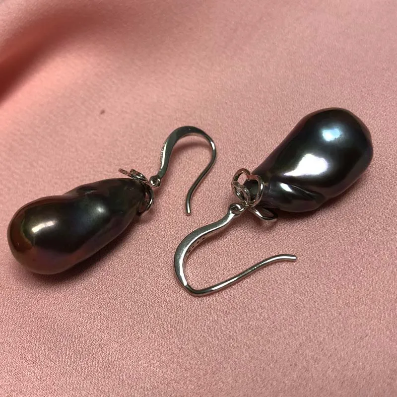 ELEISPL JEWELRY 14x22mm Baroque Black Pearl Dangle Earring Hook #230030-5
