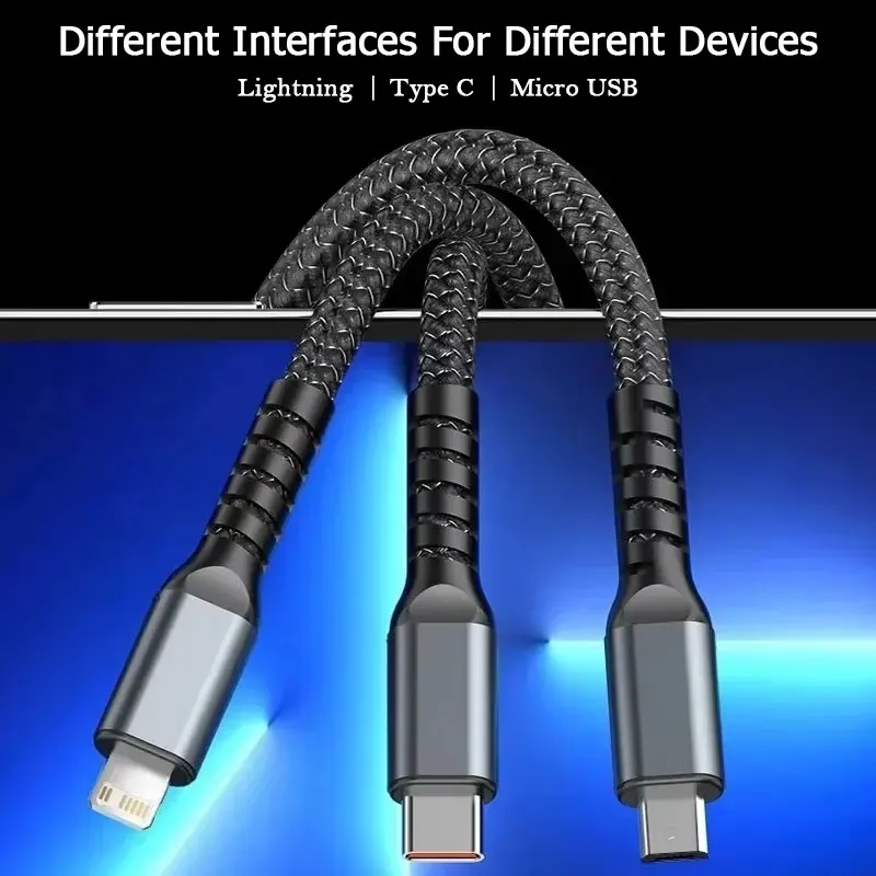 2pcs 3-In-1 Fast Charging Cable USB A To Type C Micro USB Mobile Phone Cable for iPhone Xiaomi Huawei Tablet Lamp Charger 120cm