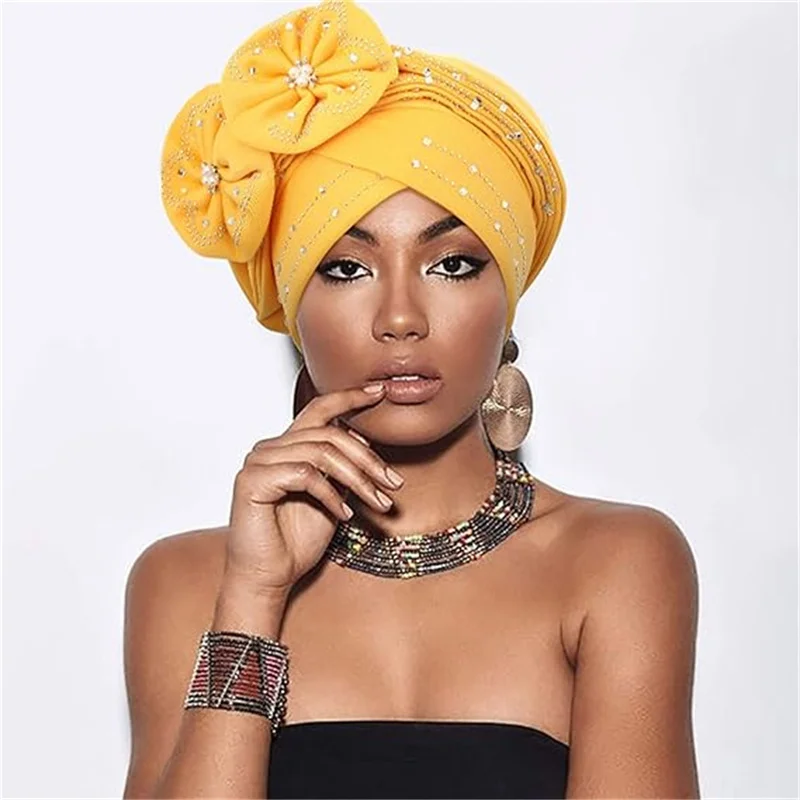 Diamant Blume Afrikanische Headtie Turbane für Frauen Strass Nigerian Auto Gele Hochzeit Party Kopfbedeckung Hut Weibliche Kopf Wraps – Detail 1