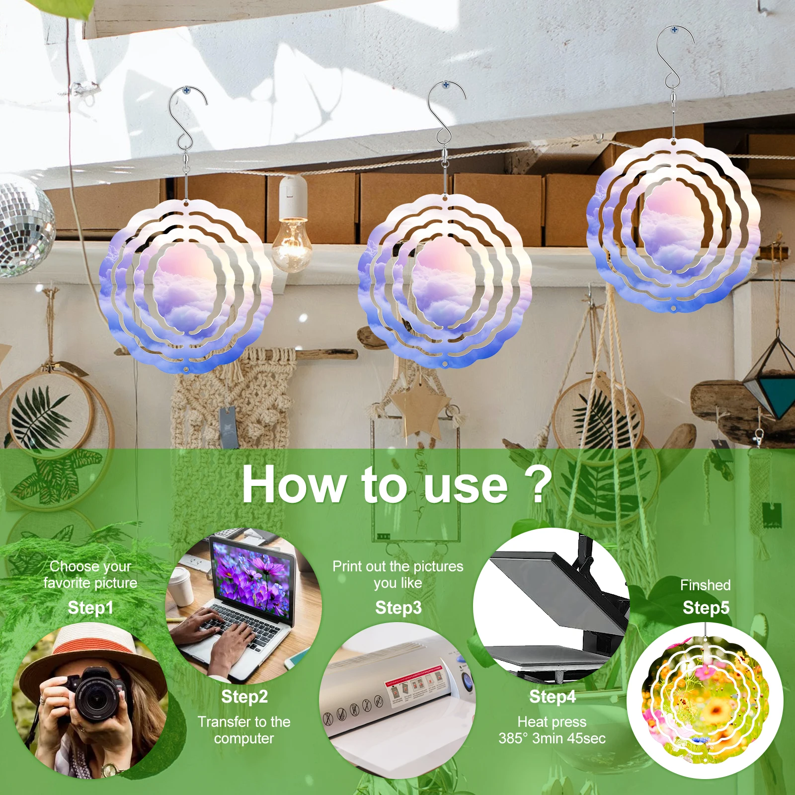 5Pcs Sublimation Wind Spinner Blanks 3inch/4inch Aluminum Hanging Wind Spinner with Hooks Double-Side Wind Powered Outdoor 3