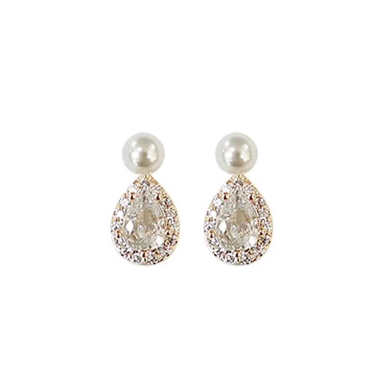 S925 Sterling Silver 14k Gold Plated Pearl Stud Earrings Water Drop Shiny Zircon Morning Dew Earrings for Women Wedding Jewelry