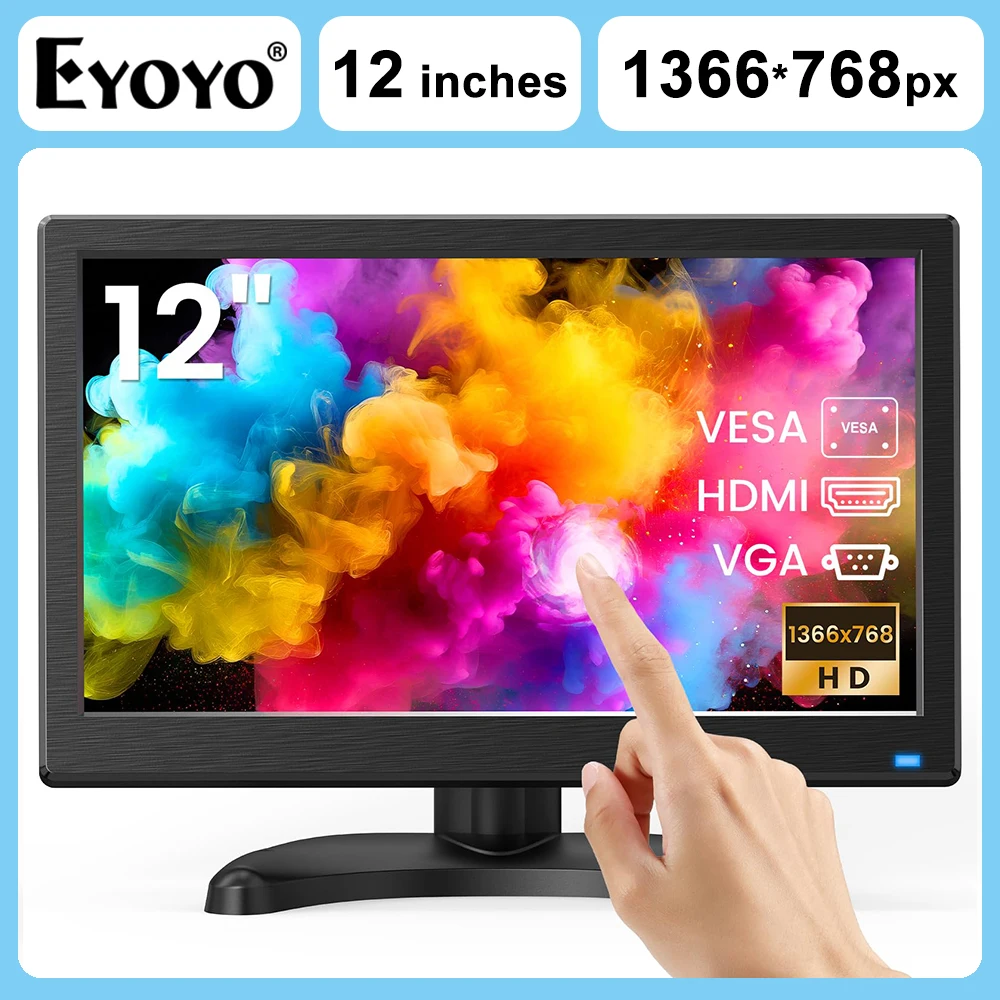 EYOYO 12-Zoll-LED-Computermonitor, integrierter Lautsprecher, 1366 x 768, 10-Punkt-kapazitives Touchscreen-Display mit HDMI-VGA für das Heimbüro
