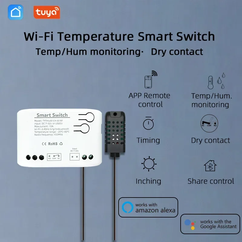 Tuya 스마트 라이프 5V 32V 패시브 건식 접촉 WiFi 스위치 릴레이 온도 습도 모니터링 온도 조절기 센서 Alexa 호환