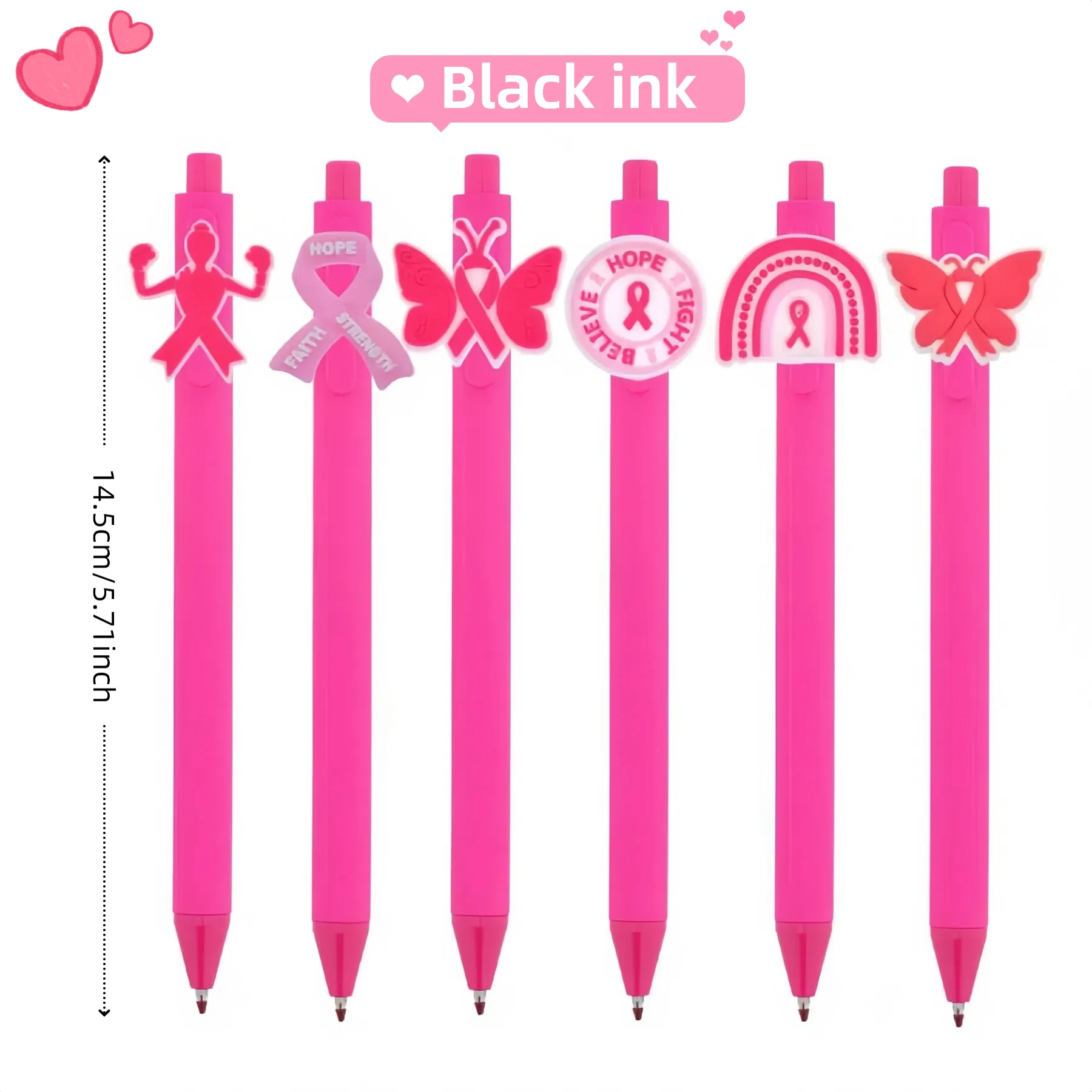 6Pcs 로즈 레드 개폐식 젤 펜 0.5mm 여성 역량 핑크 리본 인식 펜 대량 파티는 검정 잉크로 선물을 선호합니다