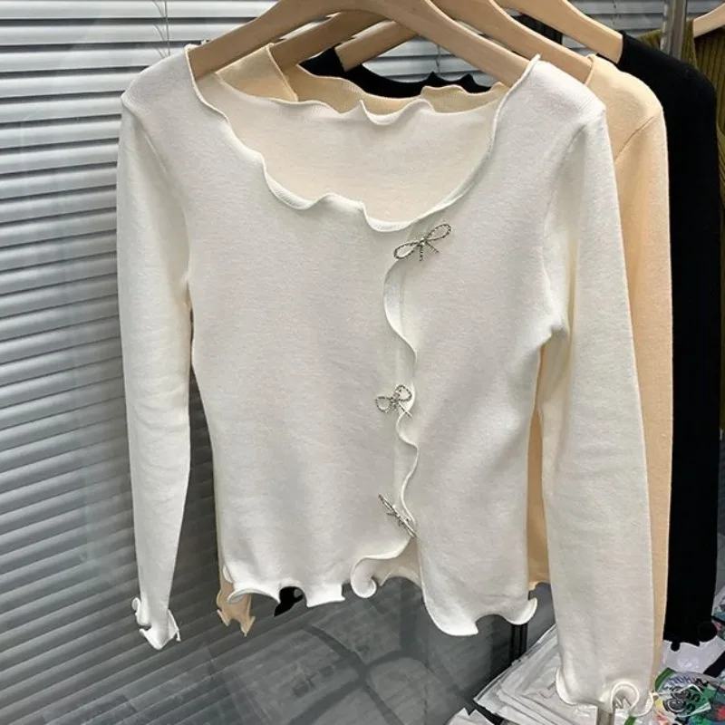

Y2k Autumn Winter Korean Fashion Slim Elegant Pull Clothes Women Sweaters Ruffles Bows Femme Elegant Pullovers