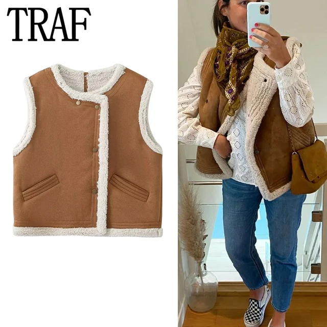 Traf 2023 Fleece Sleeveless Vests for Women Vintage Cropped Plush Jacket Woman Warm Winter Vest