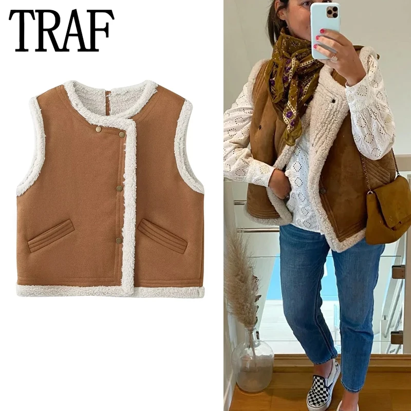 Traf 2023 Fleece Sleeveless Vests for Women Vintage Cropped Plush Jacket Woman Warm Winter Vest