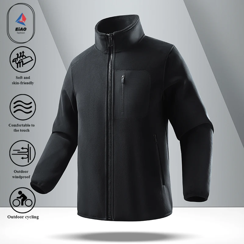 EIAO 2025 Mens Fleece Lined Stand Collar Jacket Thickened Warm Zip Hoodie Plush Velvet Coat Casual Streetwear Outdoor Tech
