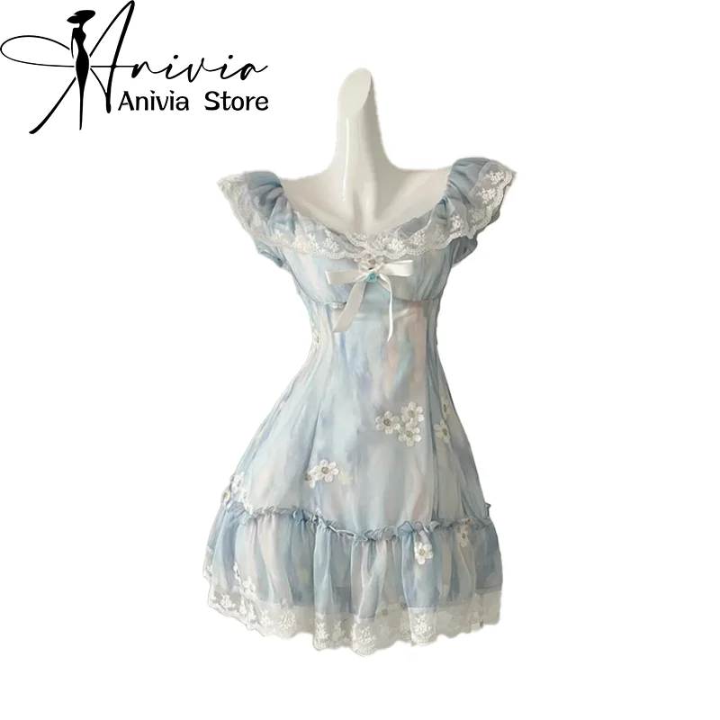 Women Blue A-line Lace Bow Dress Vintage Elegant Sleeveless