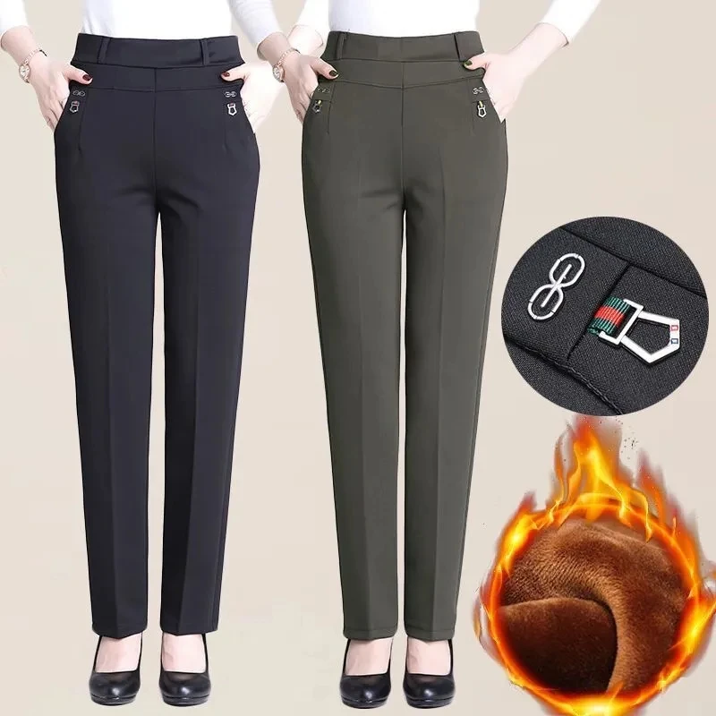 Женские модные плюшевые зимние прямые брюки, эластичные брюки с высокой талией и флисовой подкладкой, осенние классические брюки большого размера, толстые брюки