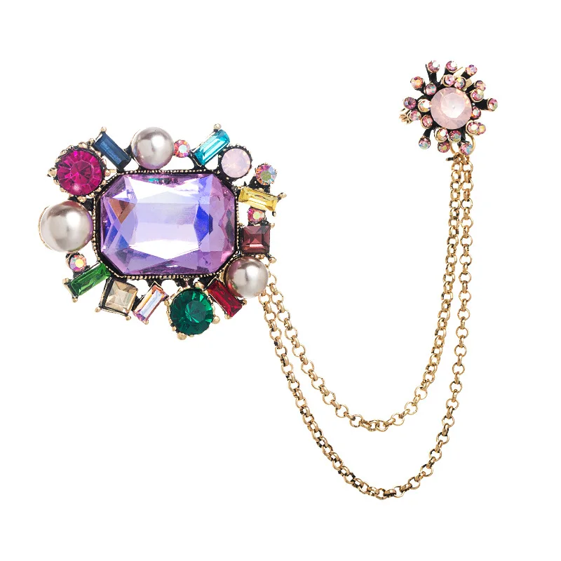 Women Men Colorful Rhinestone Jewelry Brooches Chains