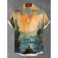 Men's Retro Scenery Print Linen Blend Shirt Vintage Pocket Short Sleeve Hawaiian Shirt Harajuku Hip Hop Streetwear Casual Tops 1