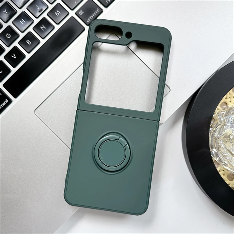 Soft Liquid Silicone Folding Phone Case with Square Frame and Magnetic Ring Holder