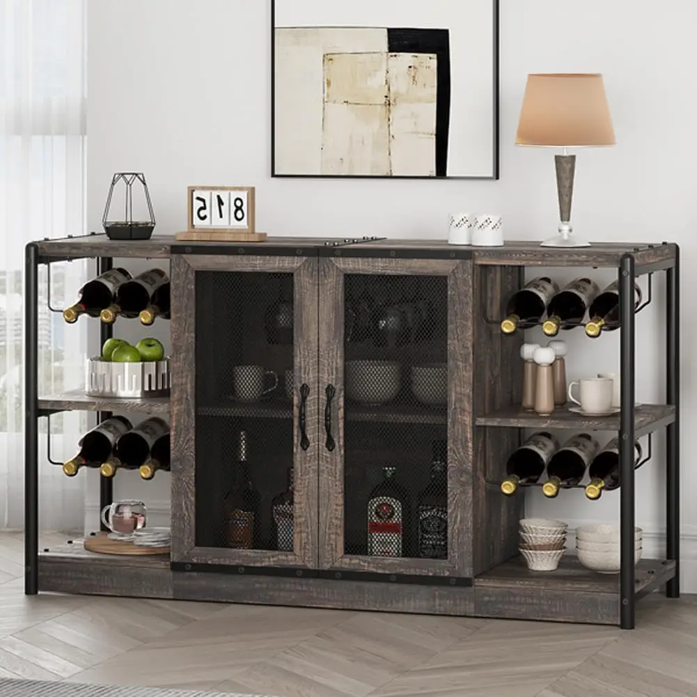 

Home Kitchen Wine Bar Cabinet, Liquor Cabinet Industrial Bars & Wine Cabinets with Storage and Wine Rack, Bar Furniture (Oak)