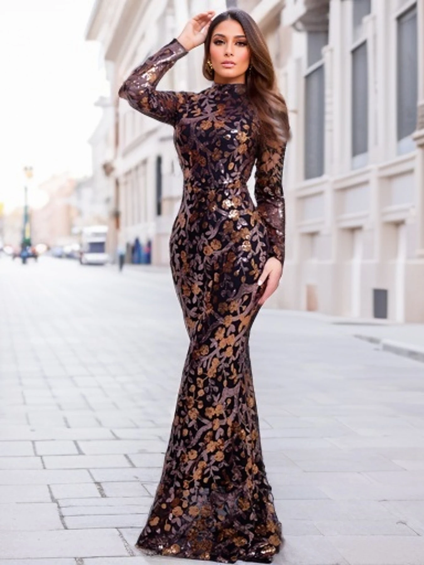 Full Sleeve Sequined Flowers Cocktail Prom Gown Bodycon Mermaid Evening Party Dress Women womens dress