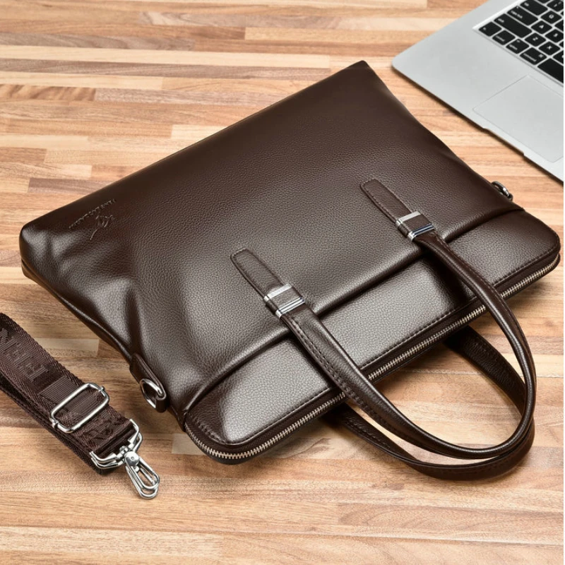 Large capacity leather briefcase Wear resistant and splash proof men's handbag 14 inch laptop case