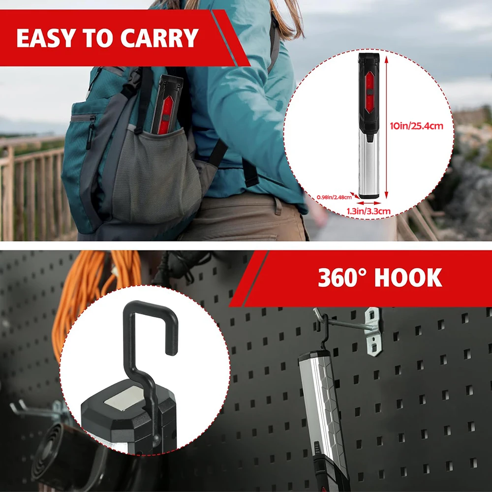 Portable Work Light Rechargeable LED Work Flashlight with 2 Magnetic Base 4 Light Modes Mechanic With Hook For Emergency