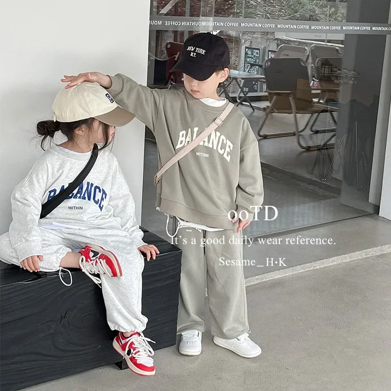 

Spring Childrens' Outfit New Suit Boys and Girls Simple Korean Style Letters Pure Cotton Sweater Leisure Sets Kids School Suits