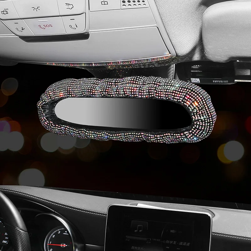 Bling Rhinestone Rear View Mirror Cover With Crystal Diamonds Elastic Glitter Car Rear View