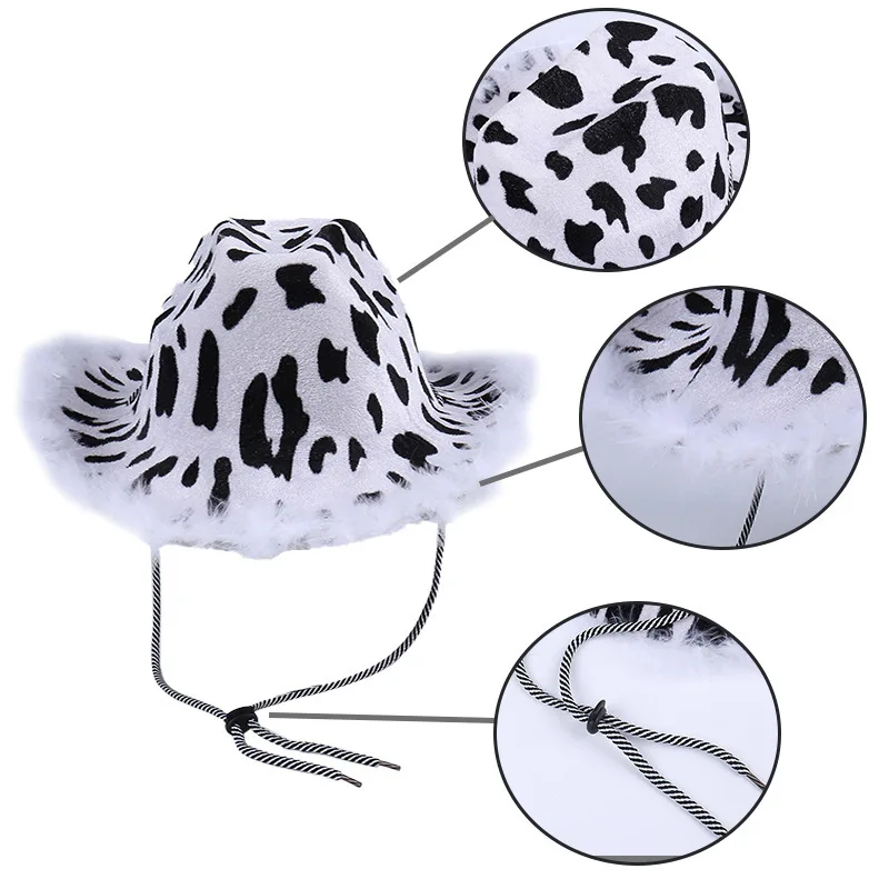 Fashionable Cowboy Hat Simple Solid Color Fur Edge Leopard Print Party Hat Women Men Performance Lanyard Fancy Dress Hat 6