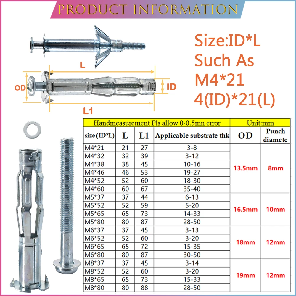 Drywall Anchor M4 M5 M6 M8 Gypsum Bolts Nut Expansion Screws Bolt Pipe Wall Ceiling Hollow Plug Metal