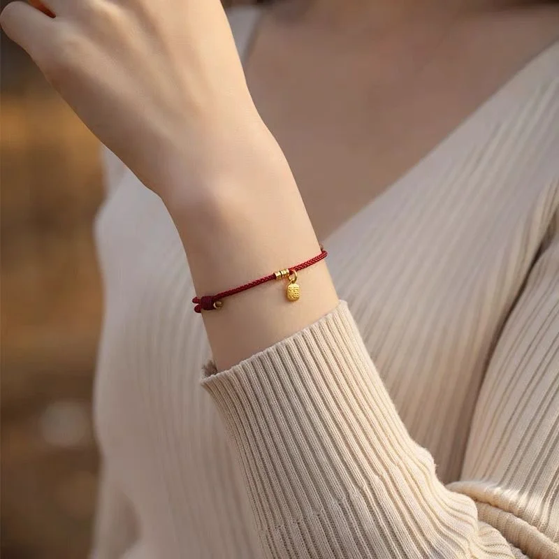 Handmade Gold Color Fu Blessing Size Adjust Bracelet Women Men Red String Hand Woven Bangles Drop Shipping 4
