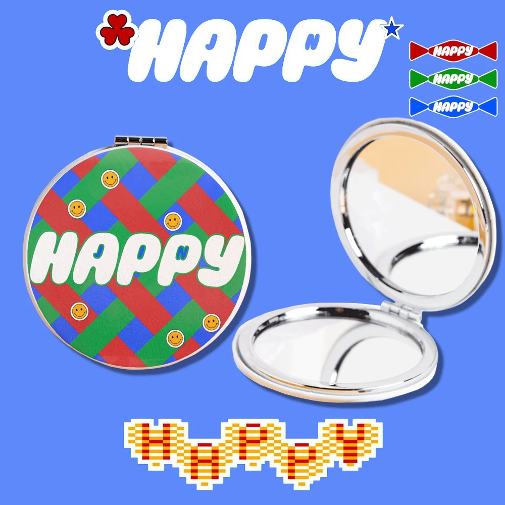 PU Leather Kpop Mini Portable Mirror HAPPY RUNNING WILD Makeup Folding Cosmetics Fun Gifts Accessories Merchs kpop mirror