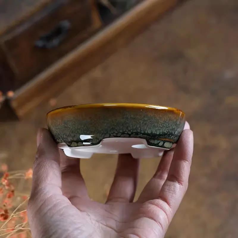 Porcelain Glazed Oval Bonsai Pot Small Vase Tradition Chinese Kiln Transmutation Dormitory Room Table Garden Decoration flower pot flower vase