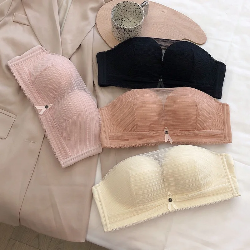 

Sexy Gauze Strapless Underwear Set Women Wireless Anti-glare Comfortable Push-up Bra Set