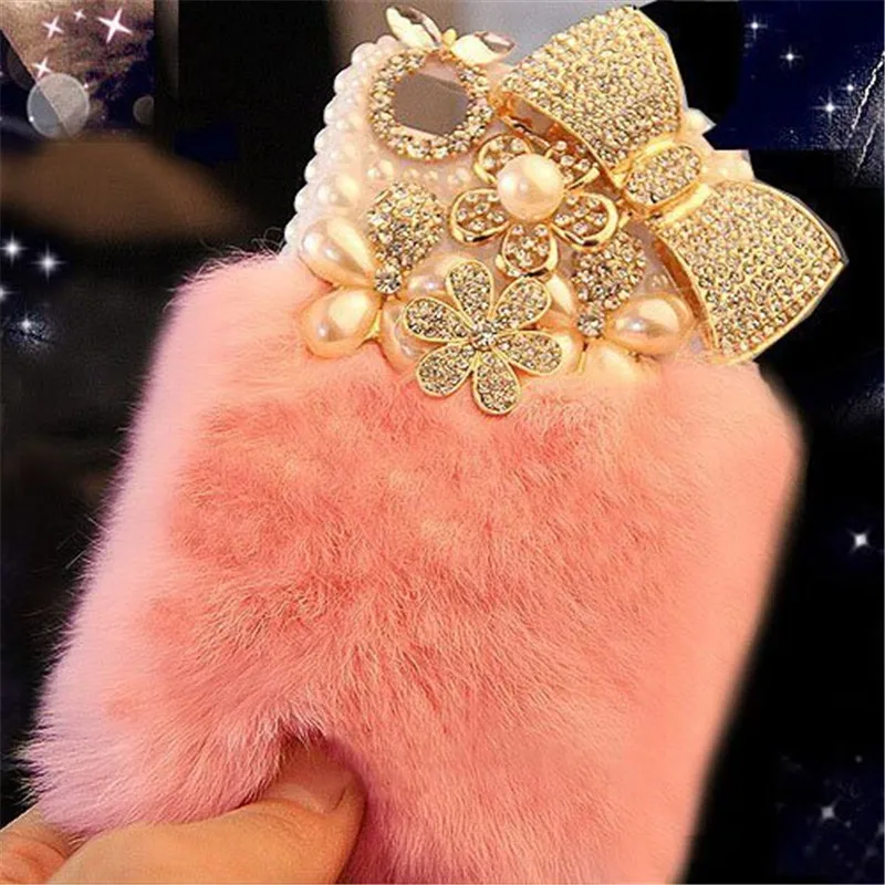 Bling Crystal Fluffy Rabbit Fur Case Winter Soft Crystal Case Bling Crystal Per Iphone 15 14 11 12 13 Pro Xs Max Xr 7 8Plus Case