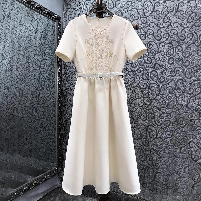 

Top Quality New 2024 Spring Dress Women Exquisite Embroidery Beading Deco Short Sleeve Mid-Calf Beige Dark Blue Dress Vestidos