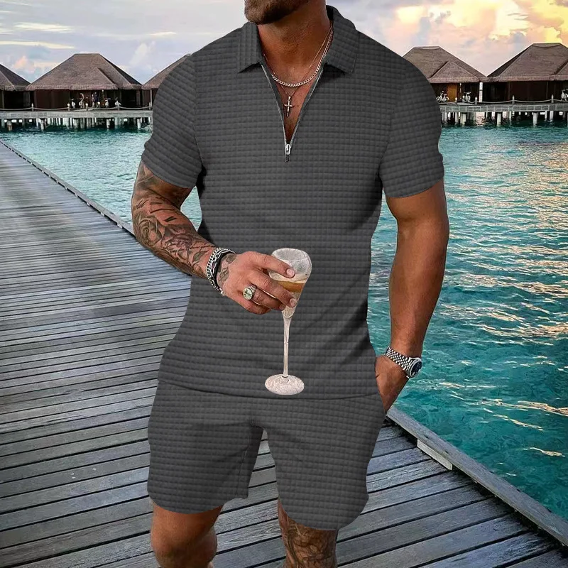 

Summer Fashion Short Sleeve Polo Men 2pcs Suit Fit Male Casual Social Leisure Grid Brand Men Fitness Short Sports Sets
