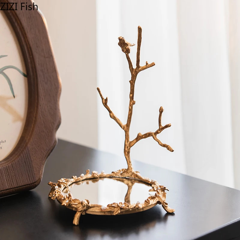 Golden Mirror Glass Tray Decorative Branch Storage Trays Dressing Table Jewelry Necklace Display Plate Cosmetics Organizer 4
