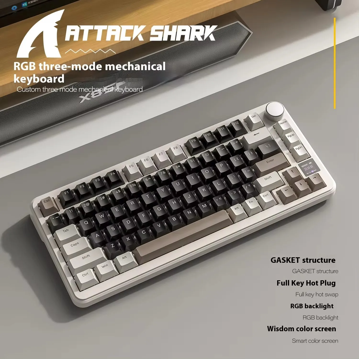 어택 샤크 X85 PRO 트라이 모드 75% 가스켓 기계식 키보드 (TFT 스크린 및 노브 포함), 핫스왑 키, RGB 백라이트 키보드