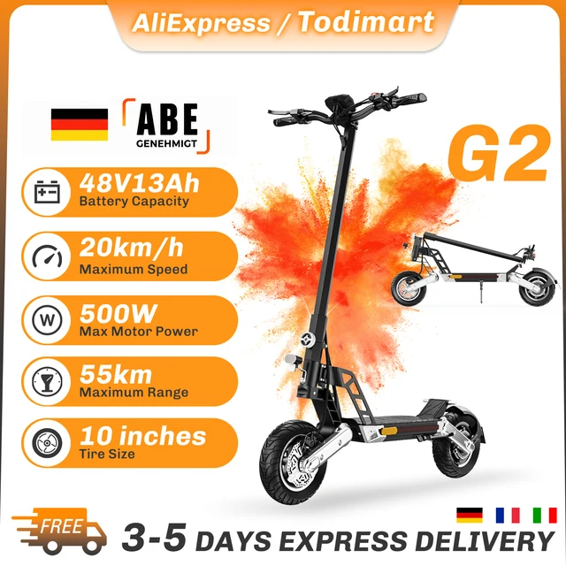 Trottinette électrique TODIMART G2-ZX 10 pouces pour adultes, moteur 500W, 48V 13Ah, autonomie 40-60 km, trottinette électrique pliable avec double freinage, certifiée ABE 1
