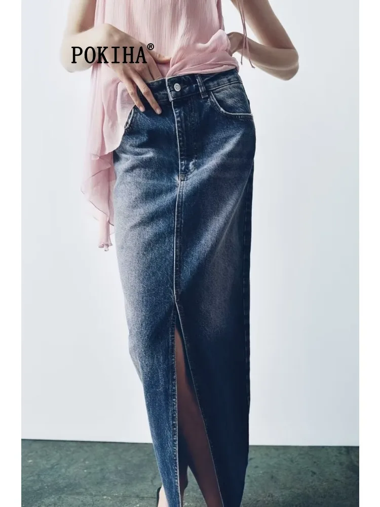 

Pokiha Fashion Women Casual Elegant Front Split Design Denim Midi Skirts Vintage High Waist Zipper Fly Chic Female Skirts Mujer