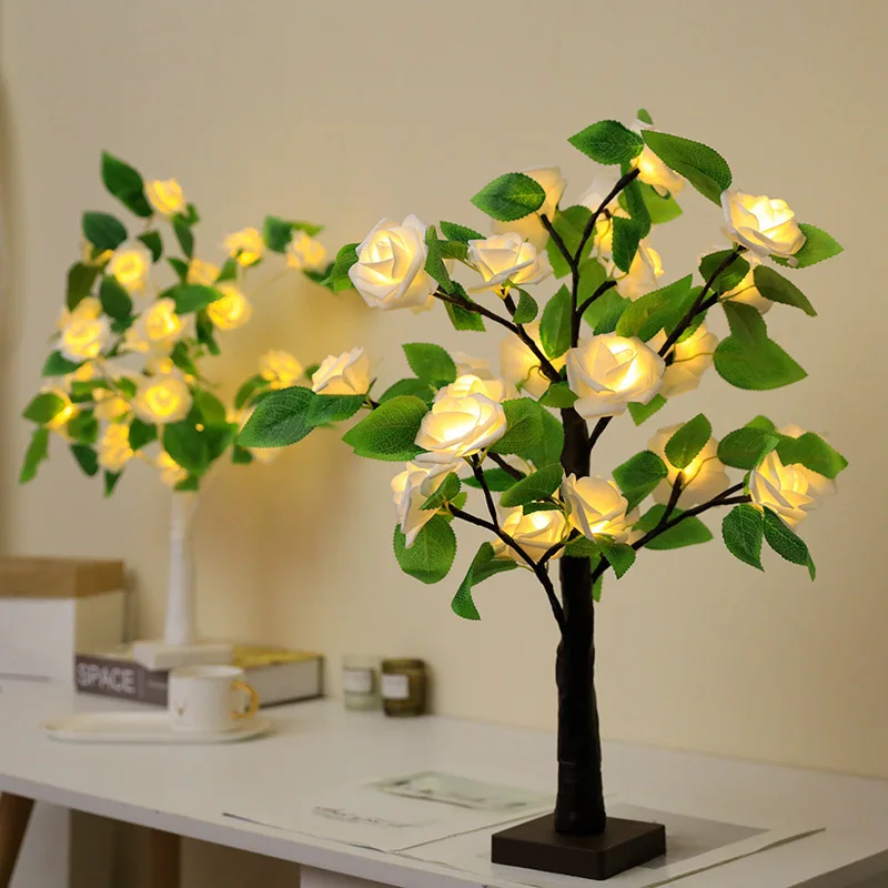 Decorative Tabletop Lighted Tree Rose Tree Lamp Artificial Rose Flower