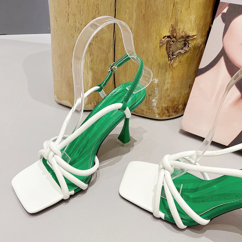 

New Design Back Buckle Strap High Heels Gladiator Sandals Women 2023 Fashion Knot Narrow Band Square Toe Dress Shoes Green