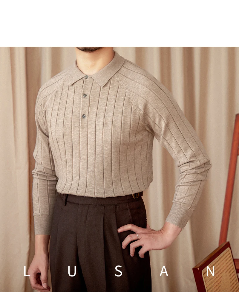 Herbst und Winter Britischer Slim-Fit-Revers-Langarm-POLO-Pullover aus dünner Wolle mit Maulbeerseide für Herren – Detail 15