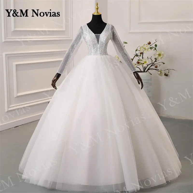 

Y&M Novias Vestido De Noiva V Neck Full Sleeve White Wedding Dresses Pluse Size Bridal Ball Gowns Ivory Lace Beading Bride