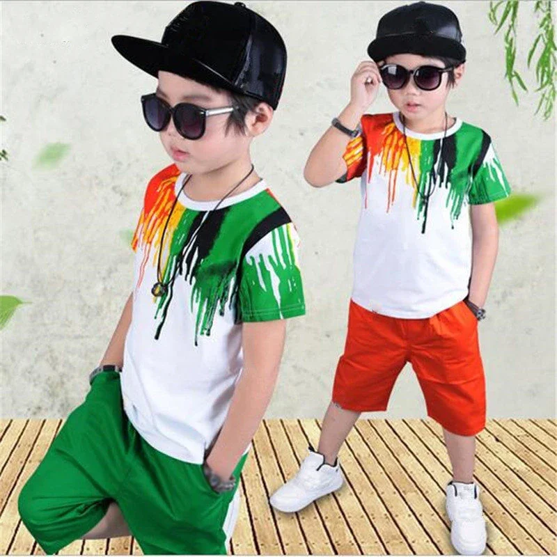 

2024 New Summer Boys Clothing Set Casual Hip-hop Stripe Colorful T-Shirt + Pants 2Pcs Suit Kindergarten Performance Kids Clothes