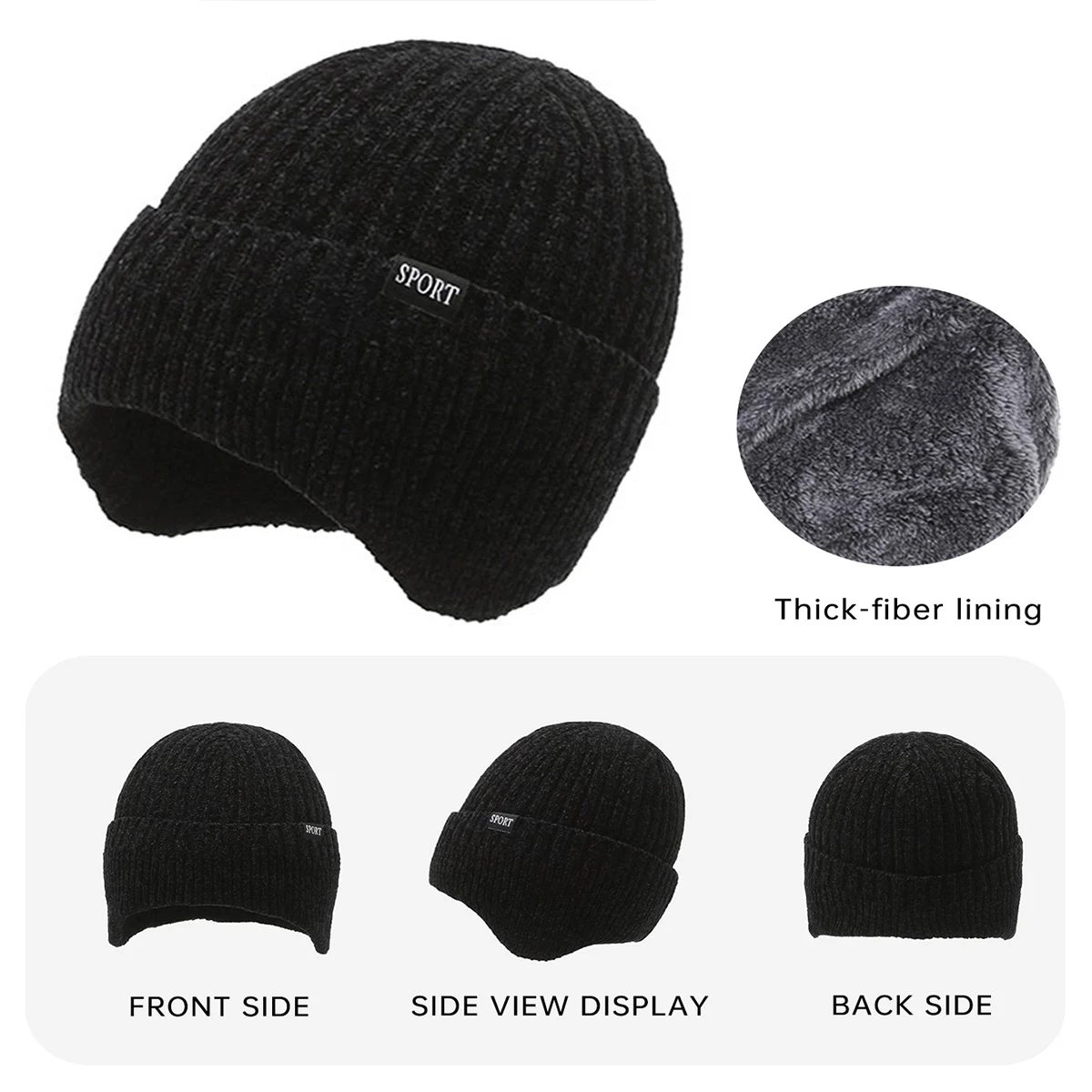 Men's Wool Blend Hat, Winter Warm Fleece-Lined Thick Knit Hat, Men's Windproof Knitted Hat, Cotton Hat for Cold Weather Camping