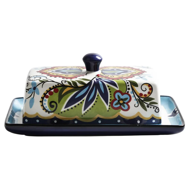 Nodic Style Hand-Painted Ceramic Butter Dish With Lid For Countertop And Refrigerator Door Shelf-Butter Keeper Holder