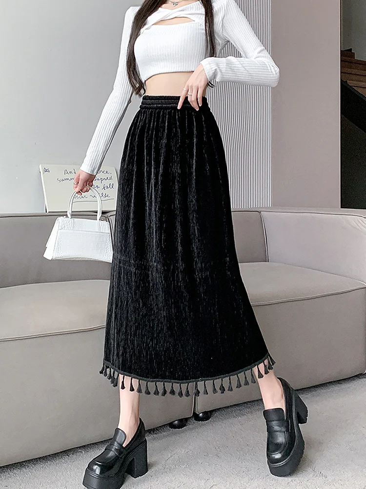 

BETHQUENOY Midi Skirt Women Autumn Winter Elegant Velvet Skirt Faldas Mujer Moda Tassel Trim Hem High Waist Casual A Line Skirts