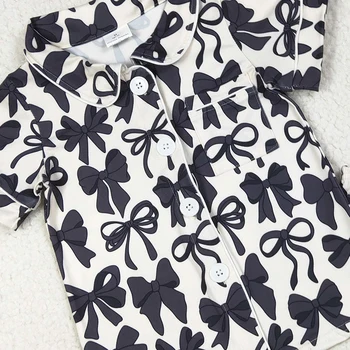 Toddler Girl Summer Pajamas Set Baby Black Bows Print Button-Down Lapel Pocket Short Sleeve Tops and Shorts Loungewear 2Pcs Sets 4