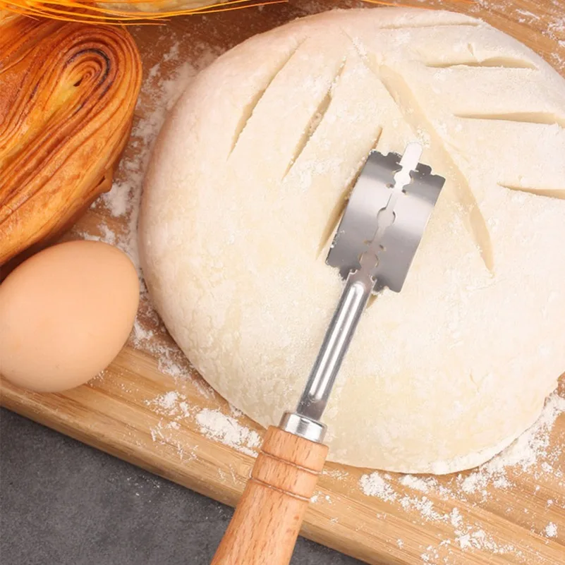 Dough Cutter with 5 Blades Toast Curved Baguette Bread Knife Wooden Handle Bakers Baking Accessory Pastry Spatulas